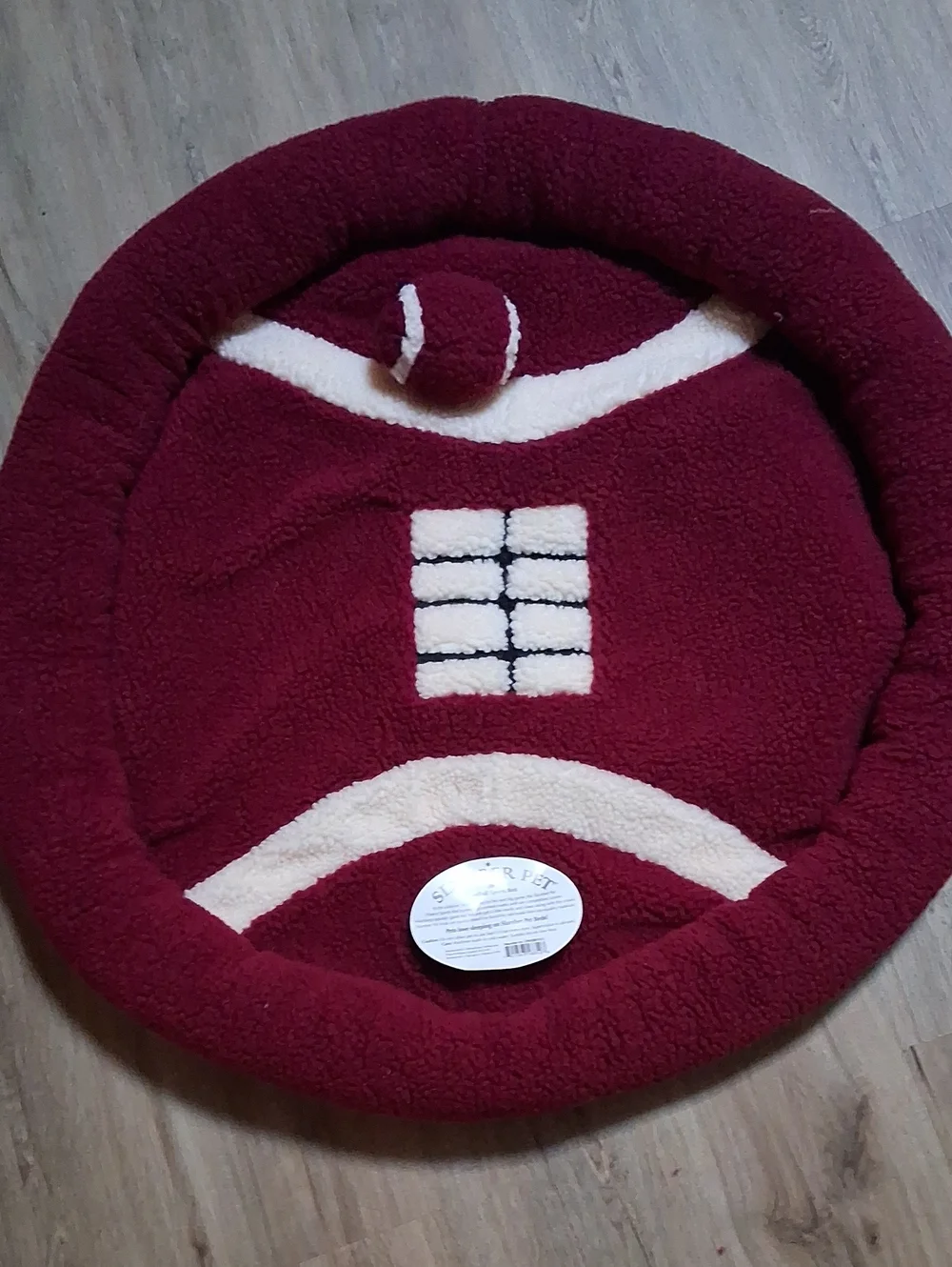 Plush Round Dog Bed in Burgundy and Cream